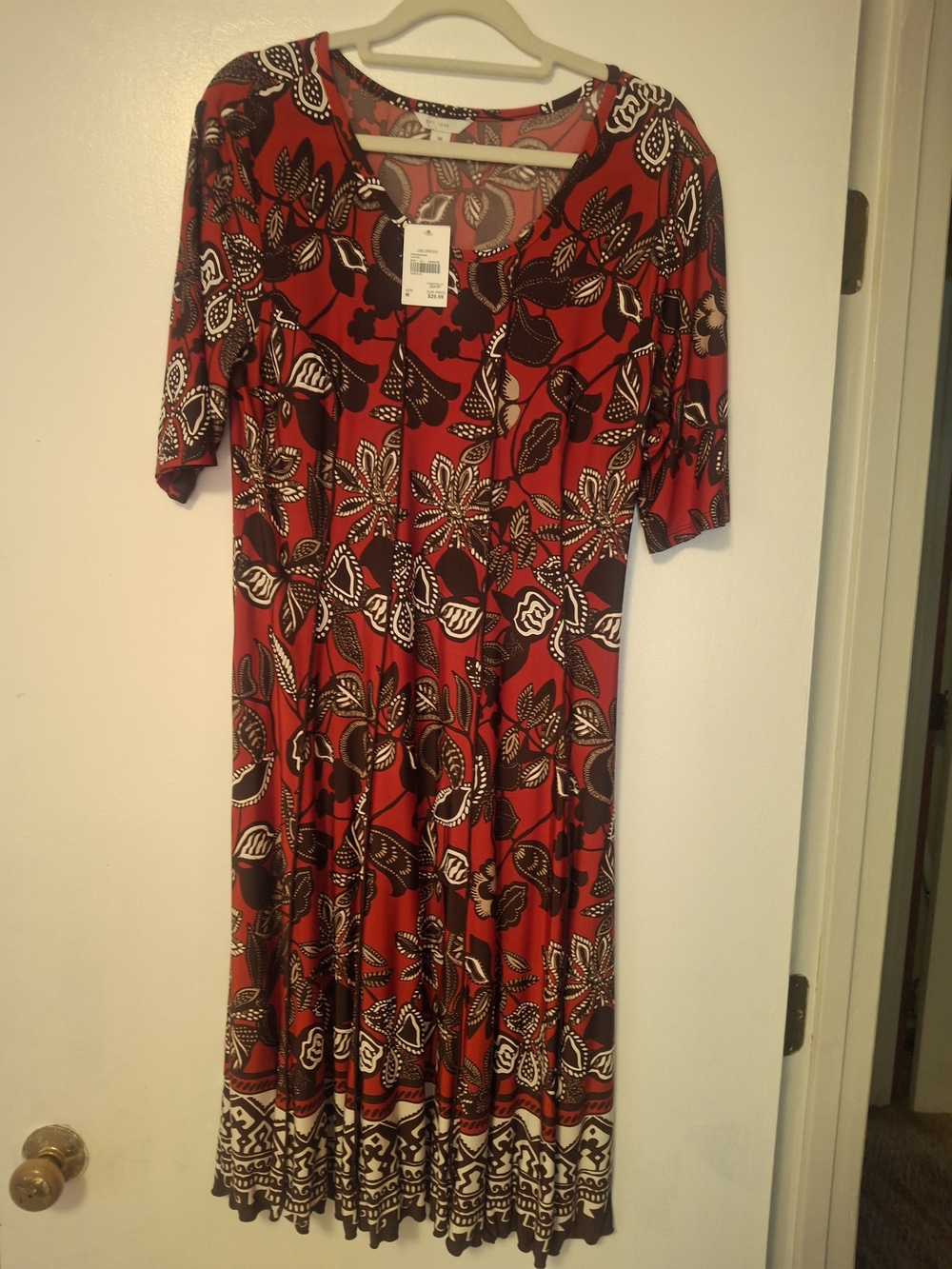 Red Light-Weight Floral Knee Length Dress with Contrast Hem /3 Quarter Sleeves